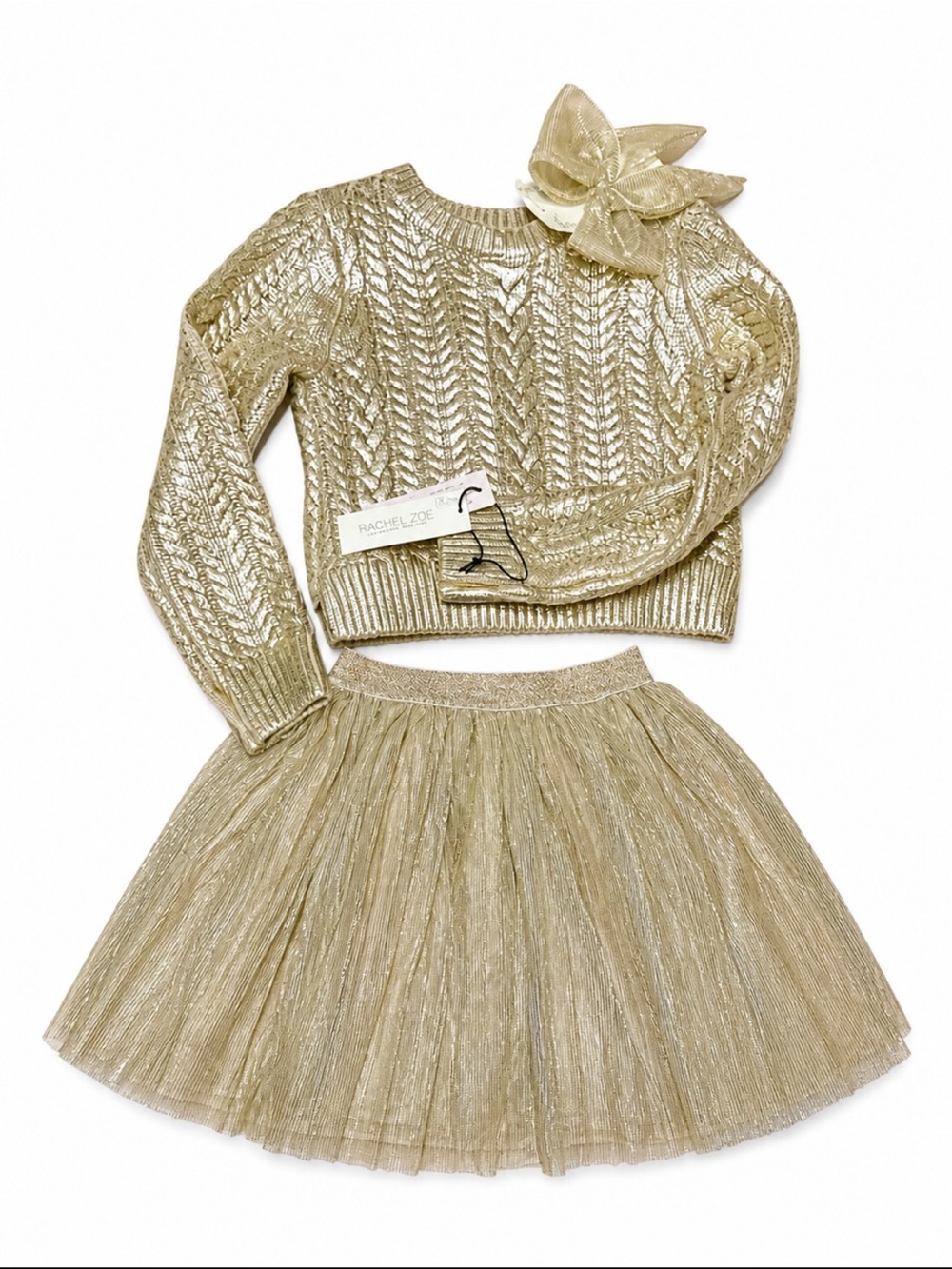 Rachel Zoe Metallic Gold Knit Sweater with Tulle Skirt & Bow